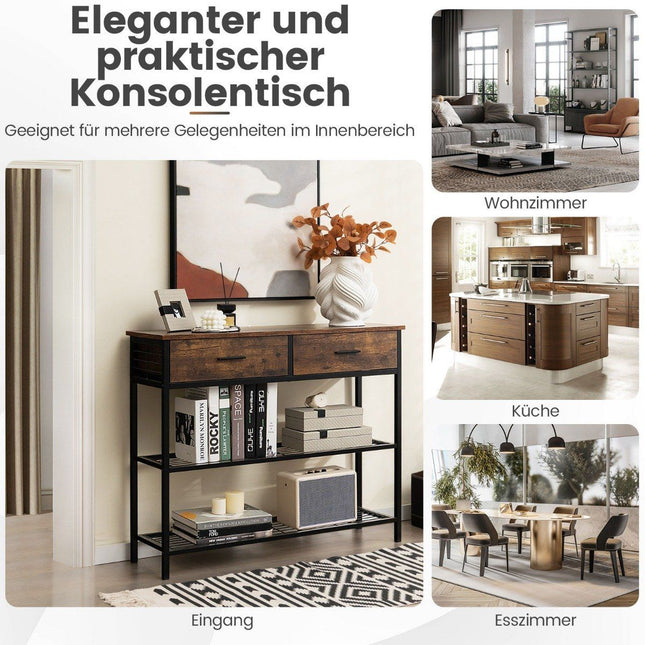 100 cm console table with 2 drawers 3 levels hallway table made of wood side table with metal frame rustic brown