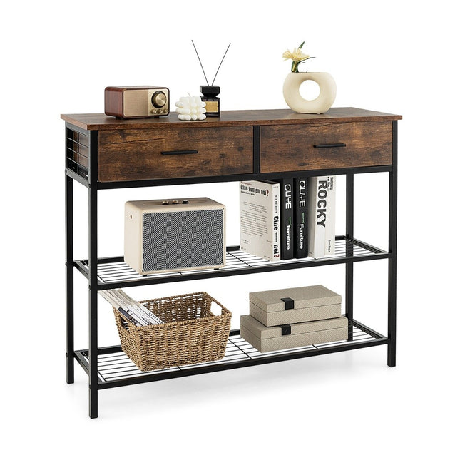 100 cm console table with 2 drawers 3 levels hallway table made of wood side table with metal frame rustic brown