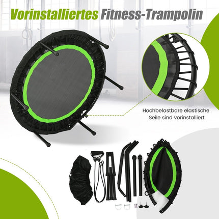 Ø101 cm mini trampoline with height-adjustable handle and 2 resistance bands green