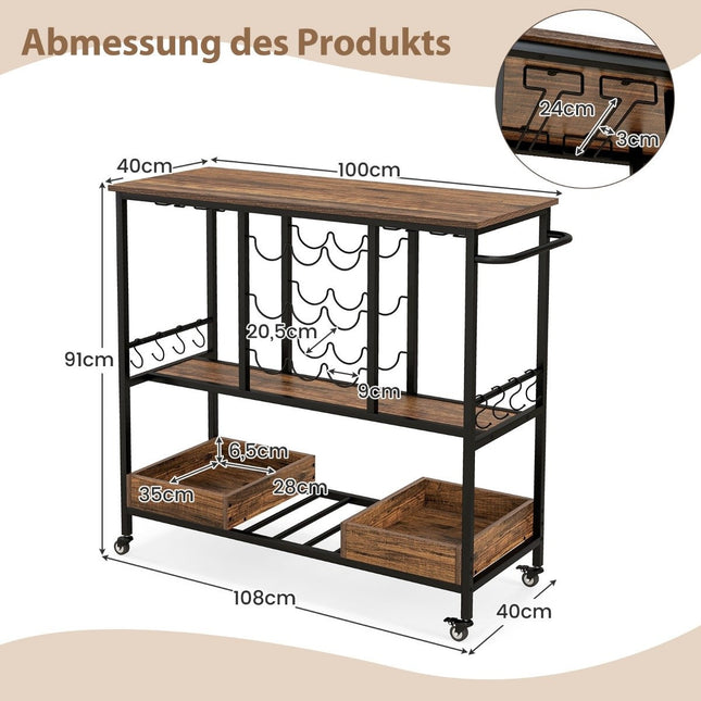 108 x 40 x 91 cm 3-tier kitchen trolley with wheels &amp; Glass holders &amp; Wine Rack &amp; Hook serving trolley trolley brown