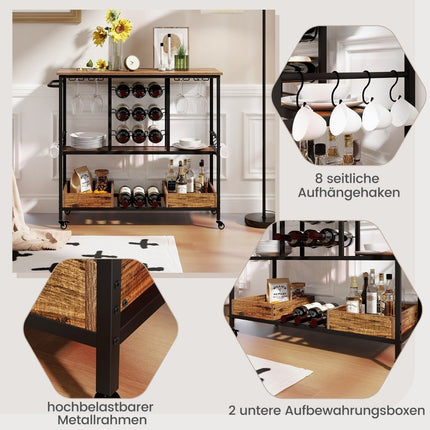108 x 40 x 91 cm 3-tier kitchen trolley with wheels &amp; Glass holders &amp; Wine Rack &amp; Hook serving trolley trolley brown
