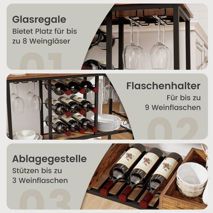 108 x 40 x 91 cm 3-tier kitchen trolley with wheels &amp; Glass holders &amp; Wine Rack &amp; Hook serving trolley trolley brown