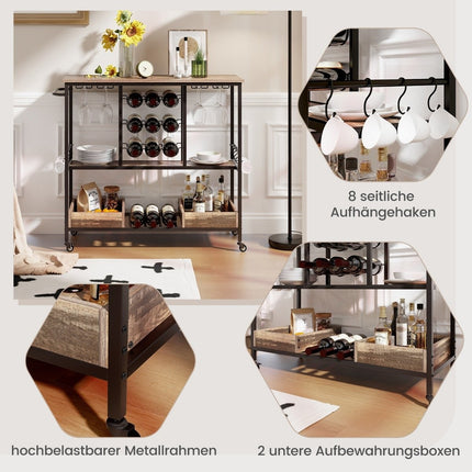 108 x 40 x 91 cm 3-tier kitchen trolley with wheels &amp; Glass holders &amp; Wine Rack &amp; Hook serving trolley trolley gray