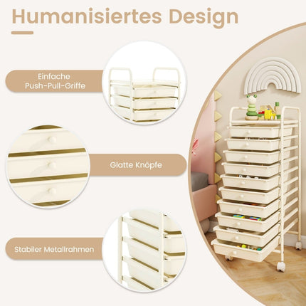 10-Drawer Rolling Storage Cart, 33x37x86 cm, White