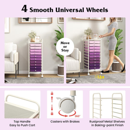 10-Drawer Rolling Storage Cart, Locking Casters, Purple