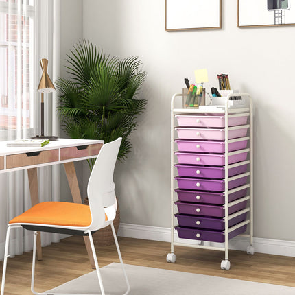10-Drawer Rolling Storage Cart, Locking Casters, Purple