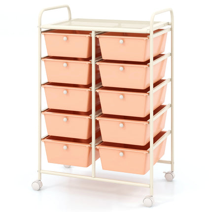 10-Drawer Rolling Storage Cart, Pink, Metal Frame