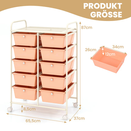 10-Drawer Rolling Storage Cart, Pink, Metal Frame
