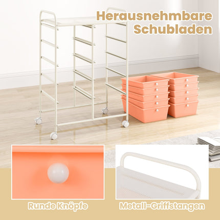 10-Drawer Rolling Storage Cart, Pink, Metal Frame