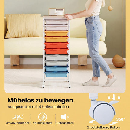 10-Drawer Rolling Storage Cart with Wooden Top & Wheels