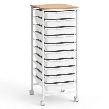 10-Drawer Rolling Storage Cart with Wooden Top, White