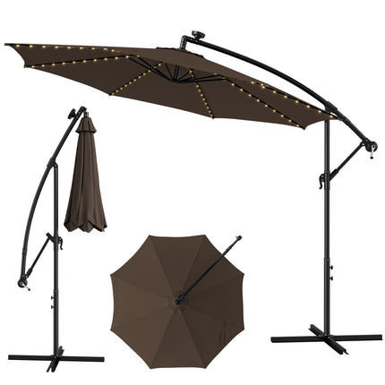 10 Ft Patio Offset Umbrella, 112 Solar LED Lights, Beige