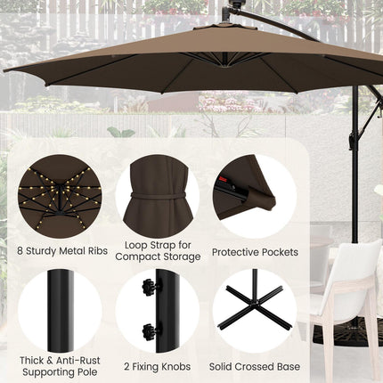 10 Ft Patio Offset Umbrella, 112 Solar LED Lights, Beige