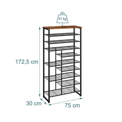 10-Tier Metal & MDF Shoe Rack, Brown, Space-Saving