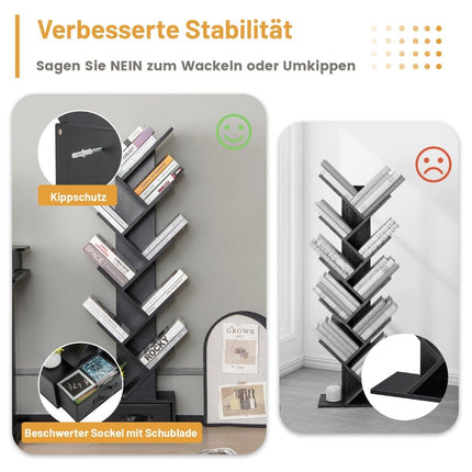 10 Tier Tree Bookcase with Drawer Floor Standing Storage Rack Black