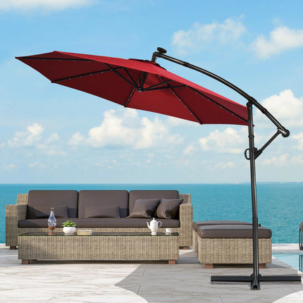 10ft Solar LED Offset Patio Umbrella, 360 Tilt, Burgundy
