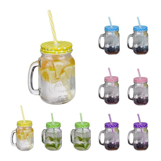 10x Colourful Drinking Glasses with Lids