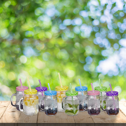 10x Colourful Drinking Glasses with Lids