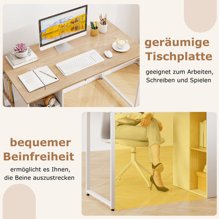 115 cm Computer Desk with 5 Storage Shelves, Natural Finish