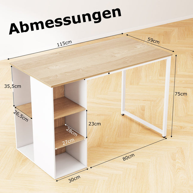 115 cm Computer Desk with 5 Storage Shelves, Natural Finish