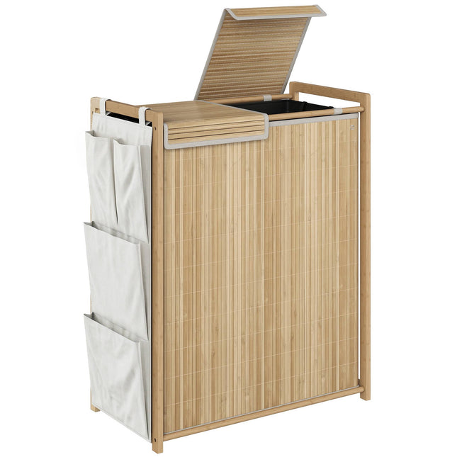 Bamboe wasmand van 120 liter met deksel en zijvakken.