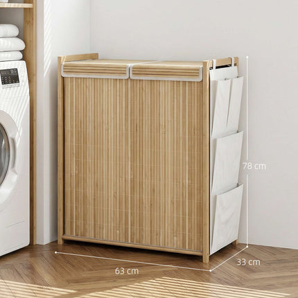 120L Bamboo Laundry Hamper With Lid, Side Pockets