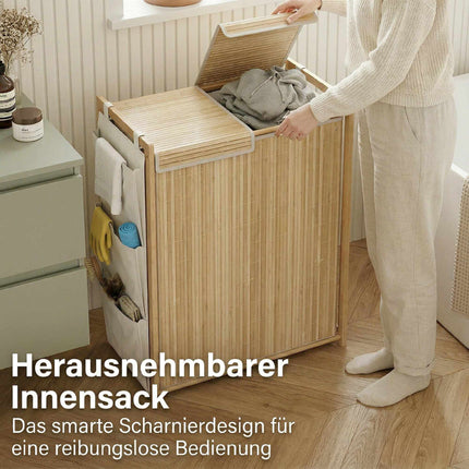 120L Bamboo Laundry Hamper With Lid, Side Pockets