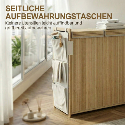 120L Bamboo Laundry Hamper With Lid, Side Pockets