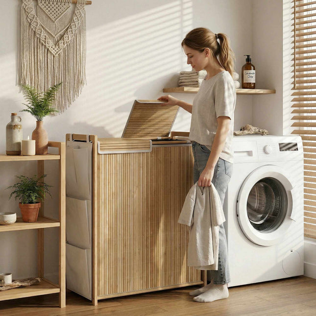 Bamboe wasmand van 120 liter met deksel en zijvakken.