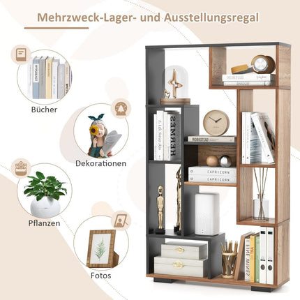 120cm bookcase with 9 compartments, standing shelf, room divider, geometric, black and wood