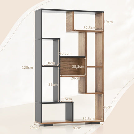 120cm bookcase with 9 compartments, standing shelf, room divider, geometric, black and wood