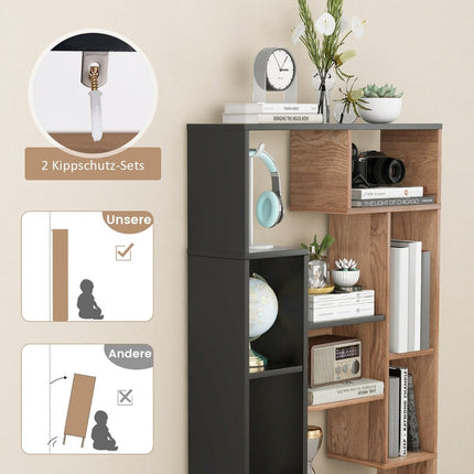 120cm bookcase with 9 compartments, standing shelf, room divider, geometric, black and wood