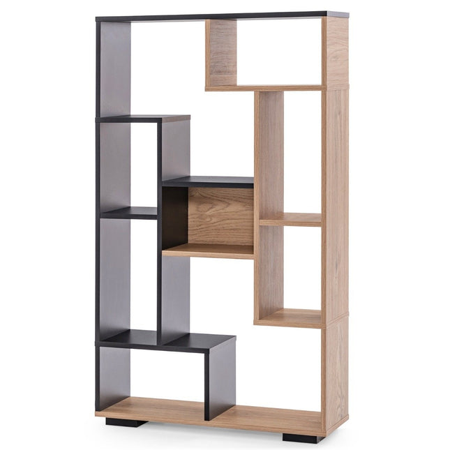 120cm bookcase with 9 compartments, standing shelf, room divider, geometric, black and wood