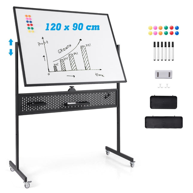 120 x 90 cm Double-Sided Mobile Whiteboard with Pegboard &amp; Roles &amp; Black stand