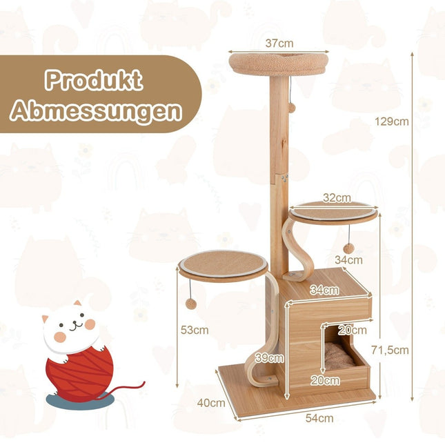129cm Wooden Scratching Post with Cat Cave & Removable Mats & Balls Cat Tree