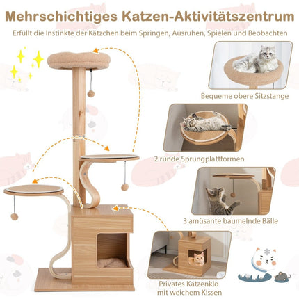 129cm Wooden Scratching Post with Cat Cave & Removable Mats & Balls Cat Tree