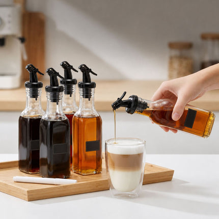 12 Glass Oil Bottles with Pourers and Labels Set
