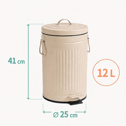 12L Beige Retro Pedal Bin with Soft-Close Lid