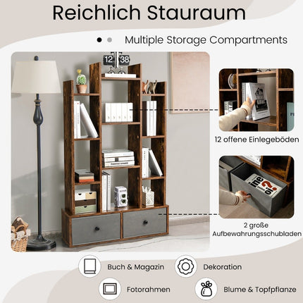 12 Tier Open Back Bookcase & Drawer 81 x 24 x 132 cm Brown