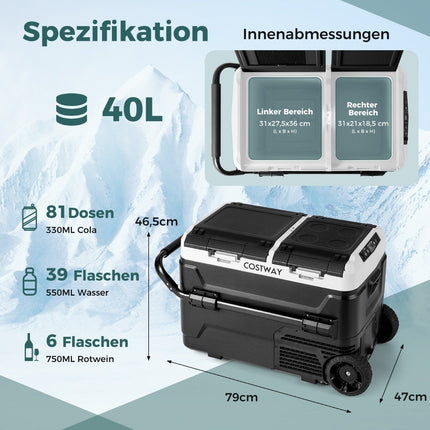12V Car Fridge with 2 Cooling Zones 40L Portable Freezer with Compressor (-20℃~20℃)