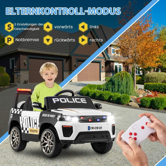 12V Children's Electric Car Police Electric Children's Car with Remote Control Electric Car for Children from 3 Years White