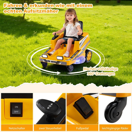12V Kids Ride-On Mower with 360 Steering & LED Lights