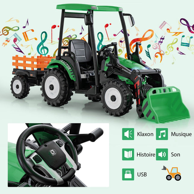 12V Kids Ride-On Tractor With Trailer, Shovel, Remote Control