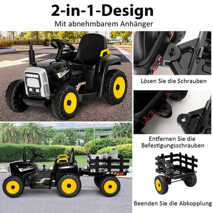 12V Kids Tractor with Detachable Trailer & Remote Control Electric Toy Car Black