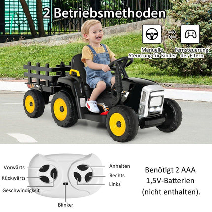 12V Kids Tractor with Detachable Trailer & Remote Control Electric Toy Car Black