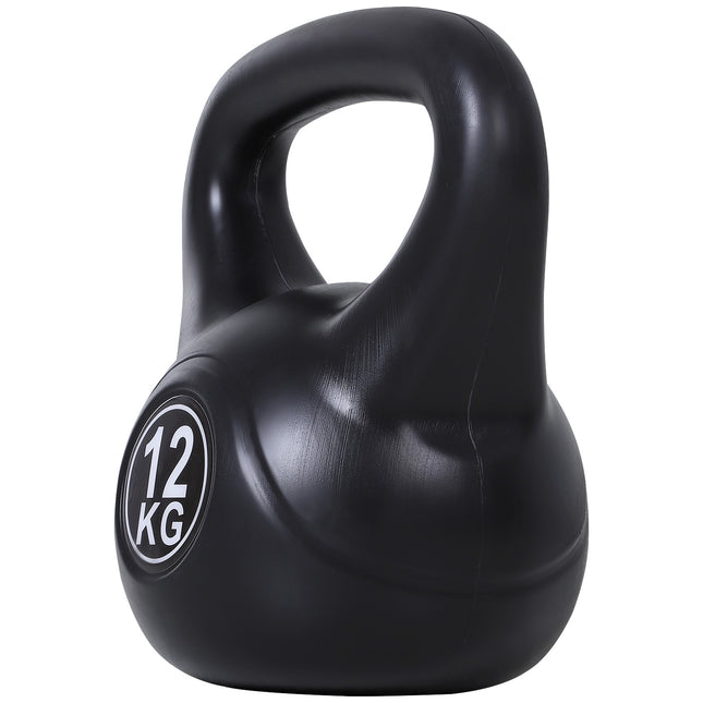 Kettlebell van 12 kg gevuld met zand, zwart, kunststof, geschikt voor beginners.