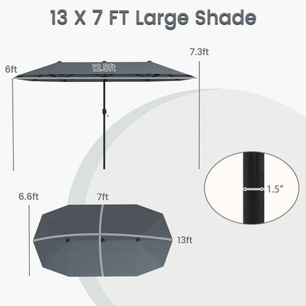 13 Ft Double-Sided Patio Umbrella, Crank Handle, Gray