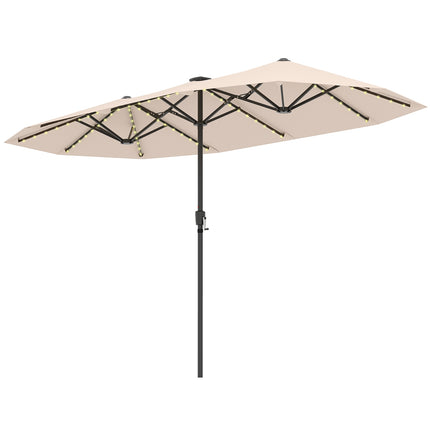 13 Ft Double-Sided Patio Umbrella, Solar LED, Crank, Beige