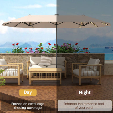 13 Ft Double-Sided Patio Umbrella, Solar LED, Crank, Beige