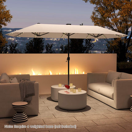 13 Ft Double-Sided Patio Umbrella, Solar LED, Crank, Beige
